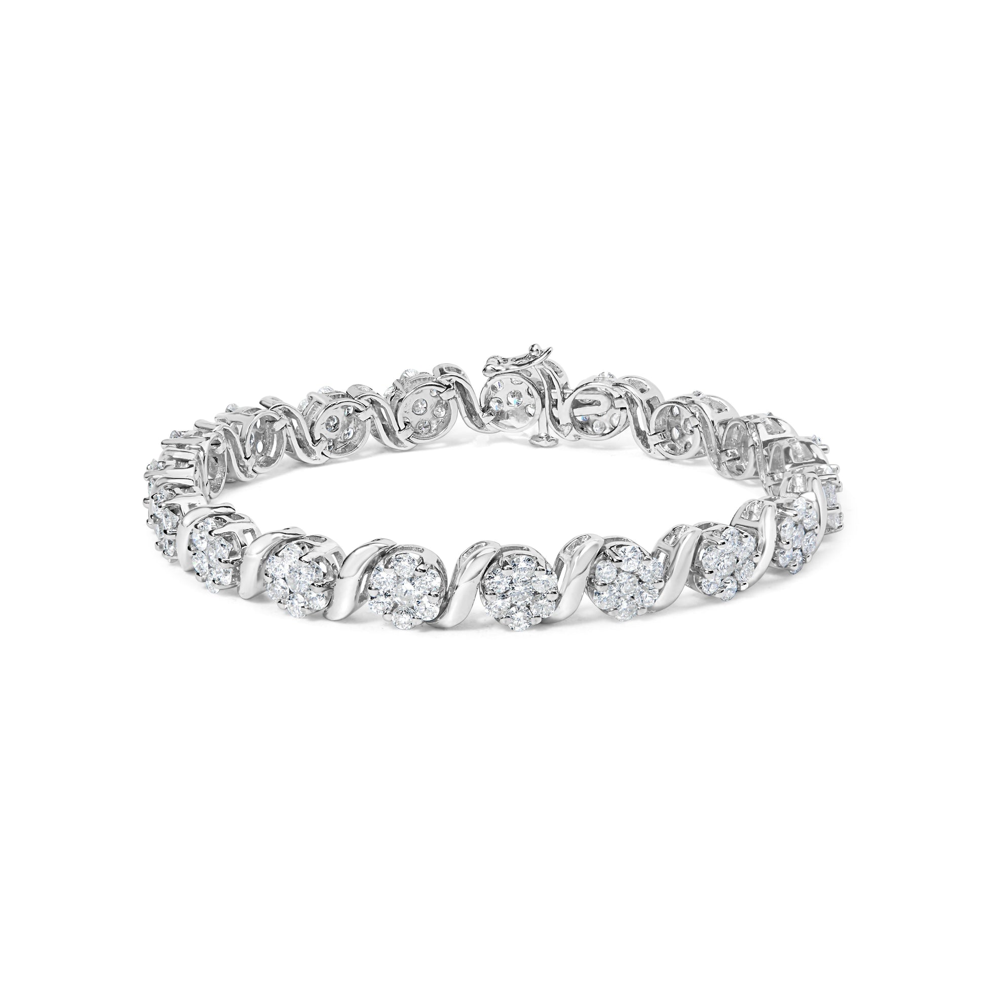 14K White Gold 7 3/8 Cttw Round Brilliant Diamond Floral Cluster and S Link Bracelet (H-I Color, SI2-I1 Clarity) - 7" Inches Bids.com