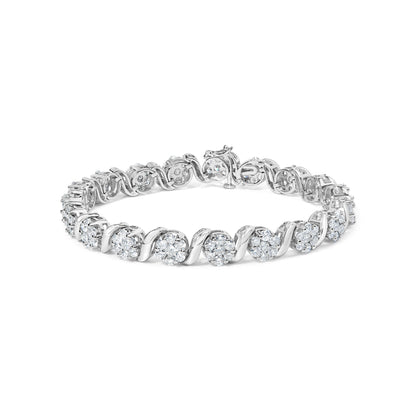14K White Gold 7 3/8 Cttw Round Brilliant Diamond Floral Cluster and S Link Bracelet (H-I Color, SI2-I1 Clarity) - 7" Inches Bids.com