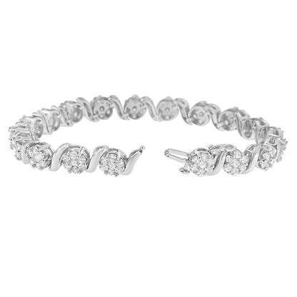 14K White Gold 7 3/8 Cttw Round Brilliant Diamond Floral Cluster and S Link Bracelet (H-I Color, SI2-I1 Clarity) - 7" Inches Bids.com