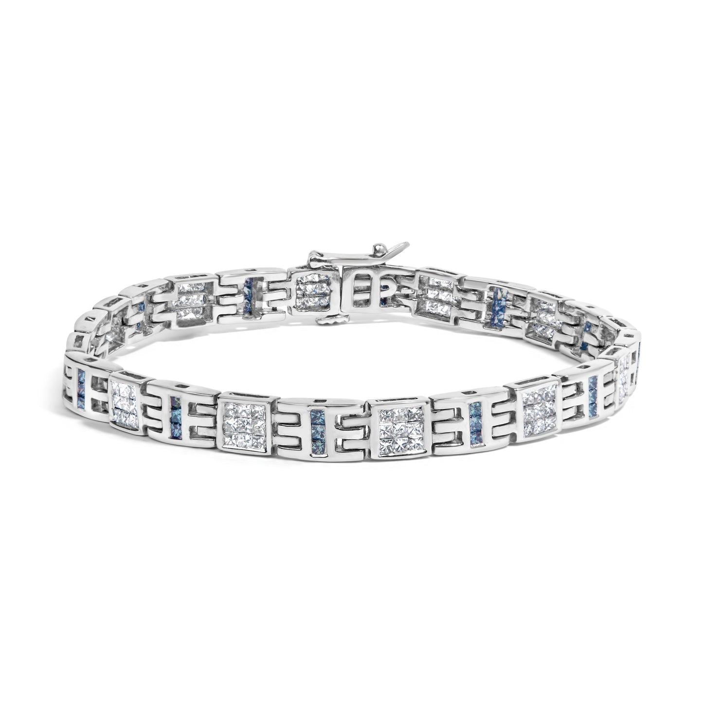 14K White Gold Princess-Cut white and Blue Diamond 3.00 cttw Fashion Link Bracelet (H-I Color, SI1-SI2 Clarity) Bids.com