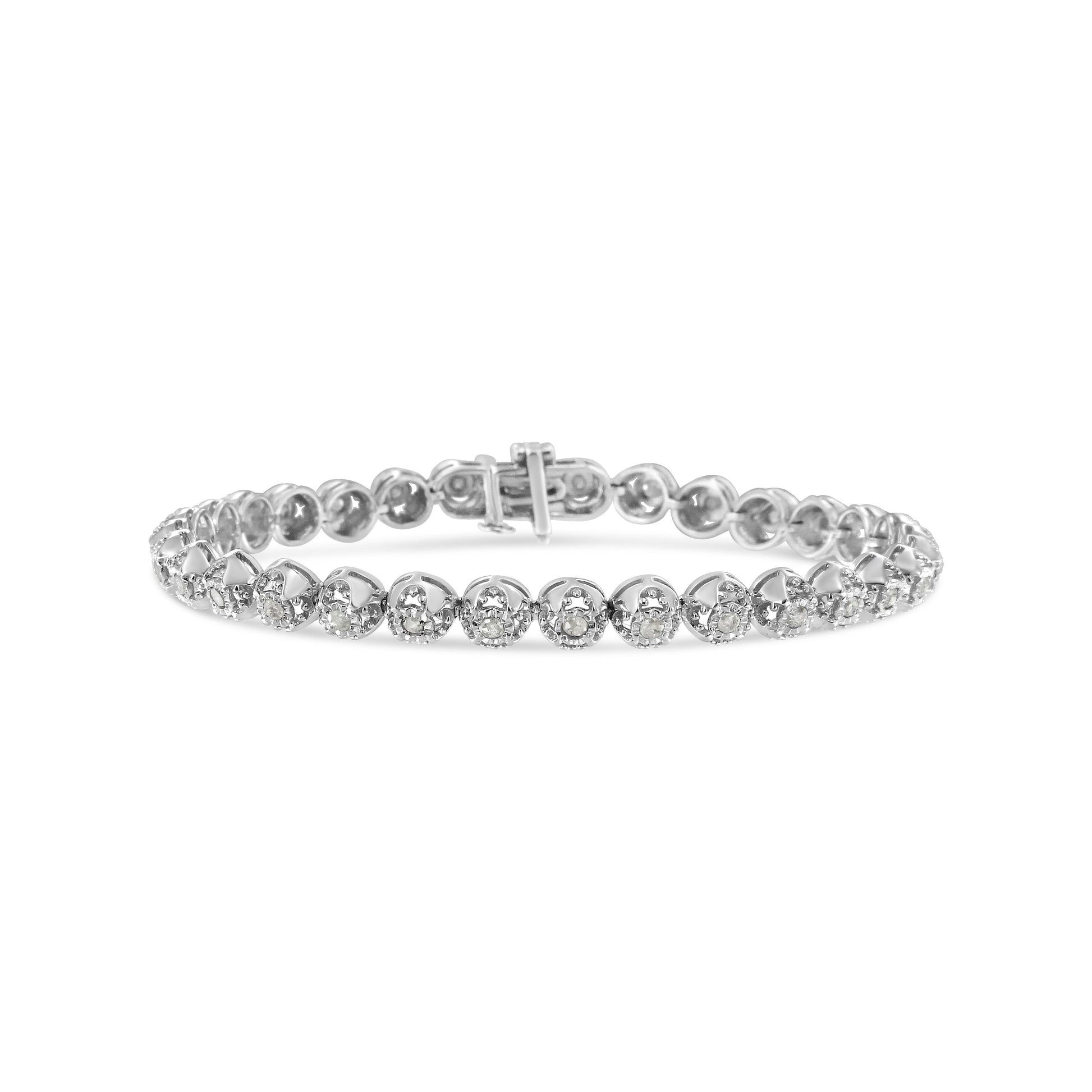 .925 Sterling Silver 1.0 Cttw Diamond Miracle-Plate Open Quatrefoil Flower Circle-Link 7" Tennis Bracelet (I-J color, I3 clarity) Bids.com