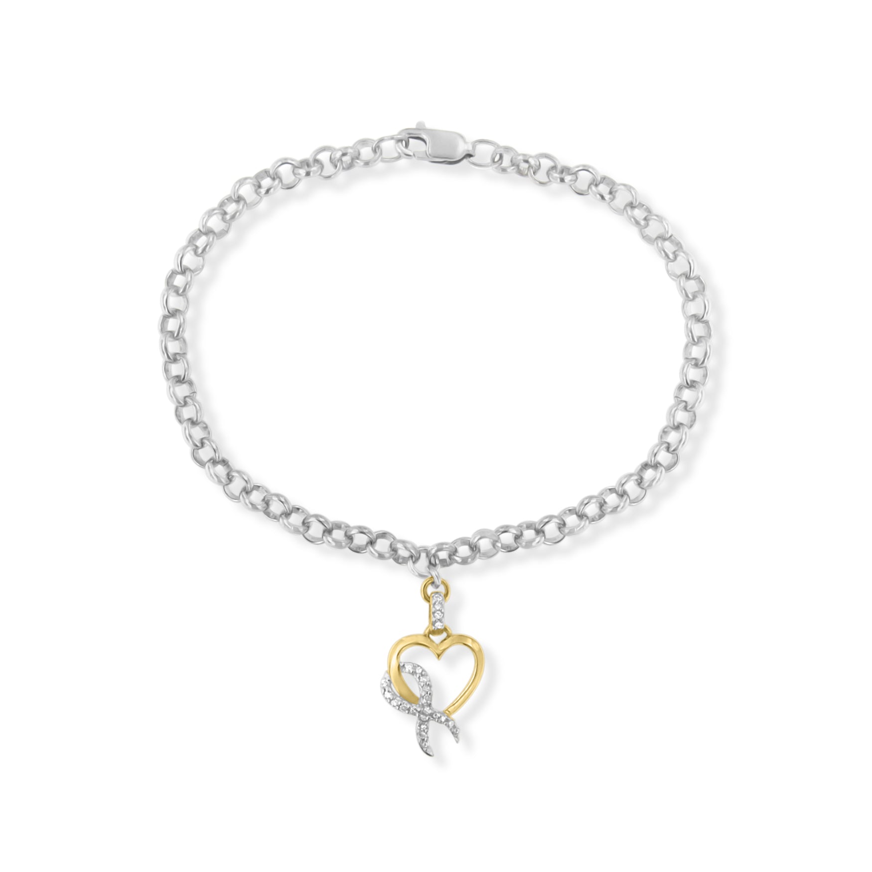10K Yellow Gold 1/10 Cttw Diamond Awareness Ribbon & Heart Charm on 7" .925 Sterling Silver Rolo Bracelet (H-I Color, I1-I2 Clarity) Bids.com