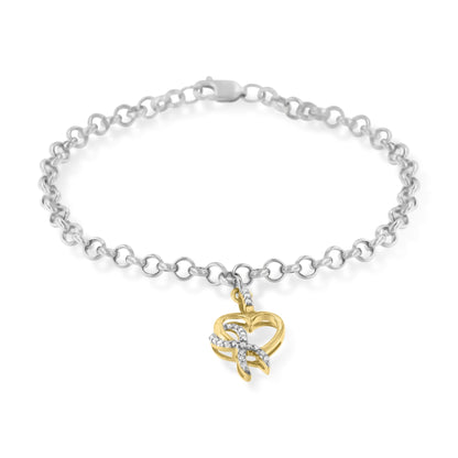 10K Yellow Gold 1/10 Cttw Diamond Awareness Ribbon & Heart Charm on 7" .925 Sterling Silver Rolo Bracelet (H-I Color, I1-I2 Clarity) Bids.com