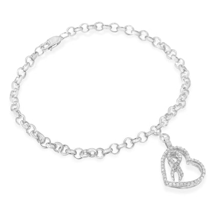 .925 Sterling Silver 1/4 Cttw Diamond-Accented Heart and Ribbon Charm 7" Link Chain Bracelet (H-I Color, I1-I2 Clarity) Bids.com