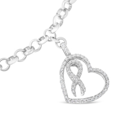 .925 Sterling Silver 1/4 Cttw Diamond-Accented Heart and Ribbon Charm 7" Link Chain Bracelet (H-I Color, I1-I2 Clarity) Bids.com