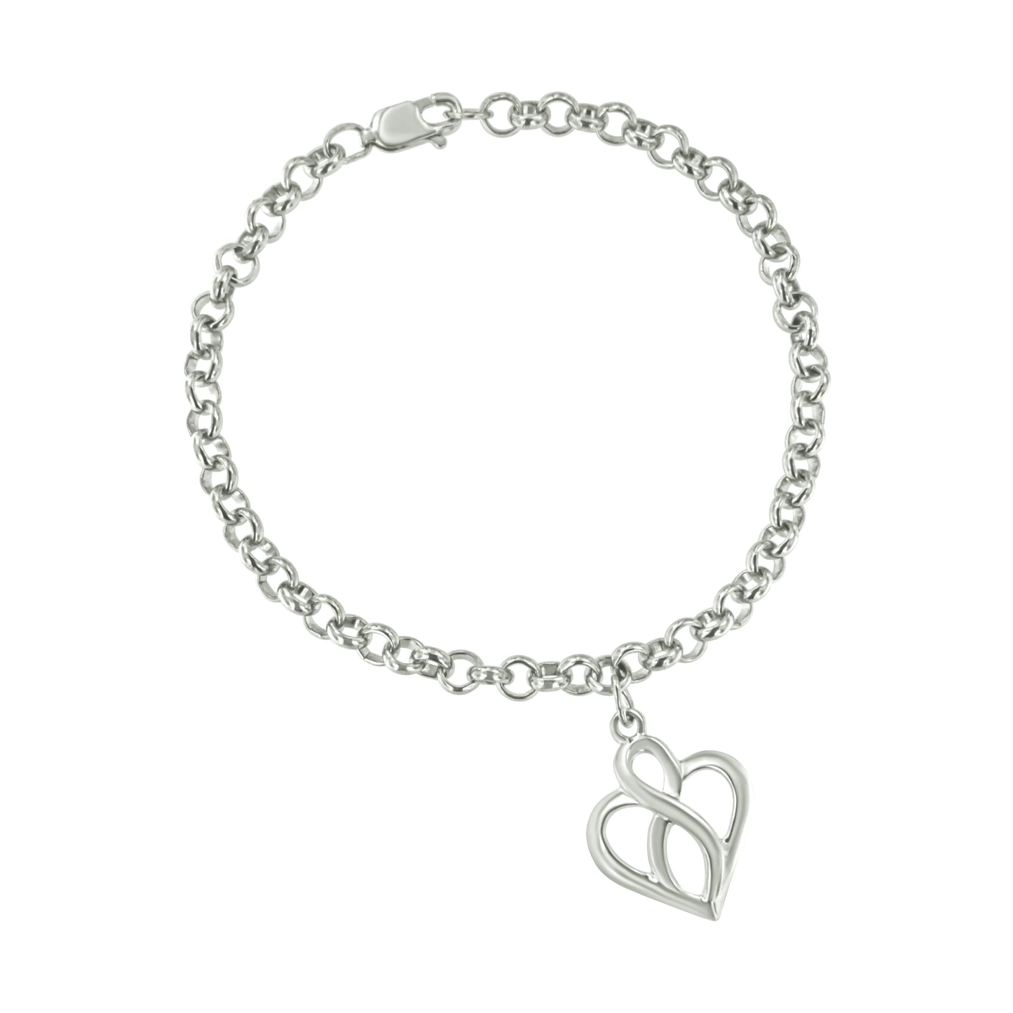.925 Sterling Silver Open Heart with Center Vertical Infinity Chain Charm Bracelet - Size 7" Bids.com