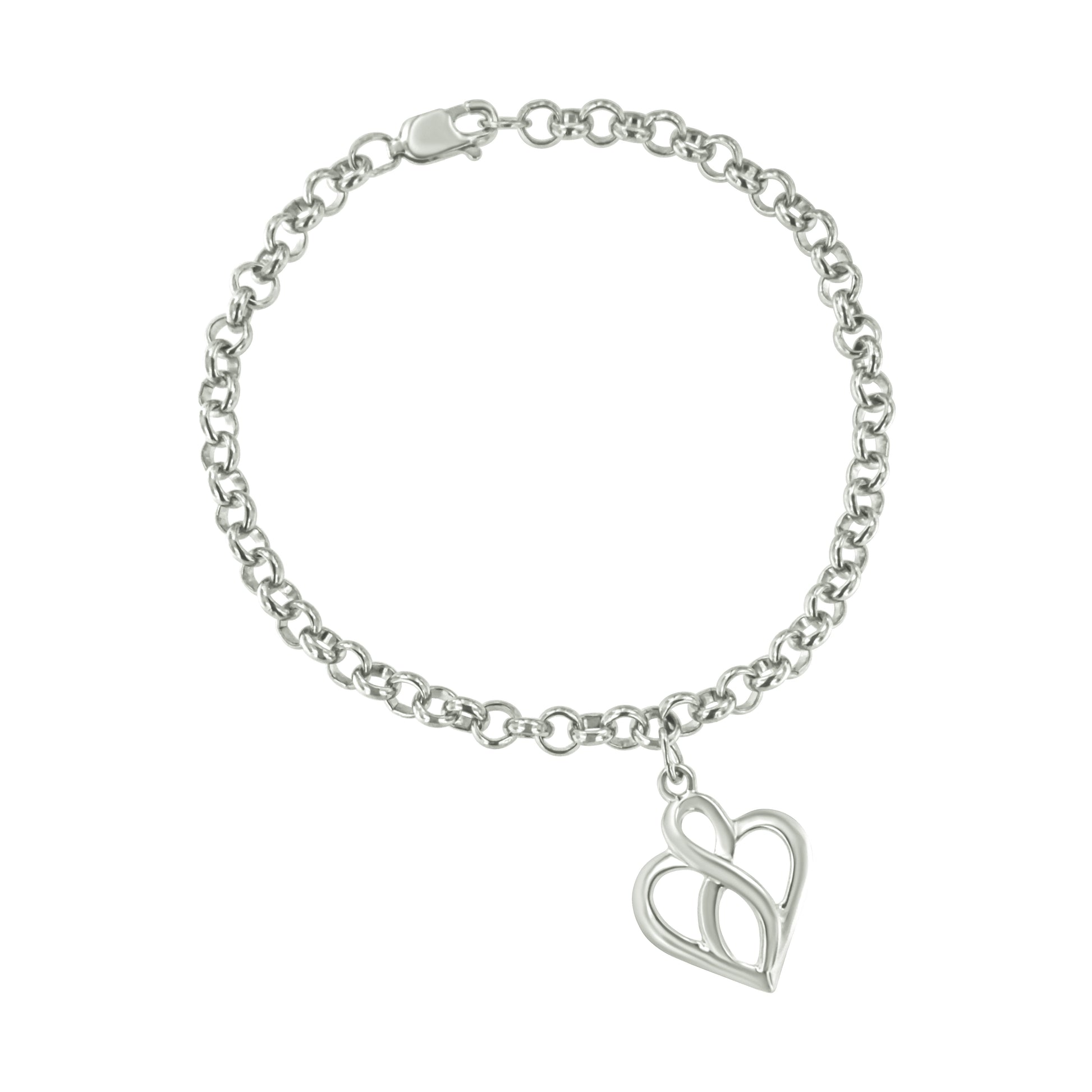 .925 Sterling Silver Open Heart with Center Vertical Infinity Chain Charm Bracelet - Size 7" Bids.com