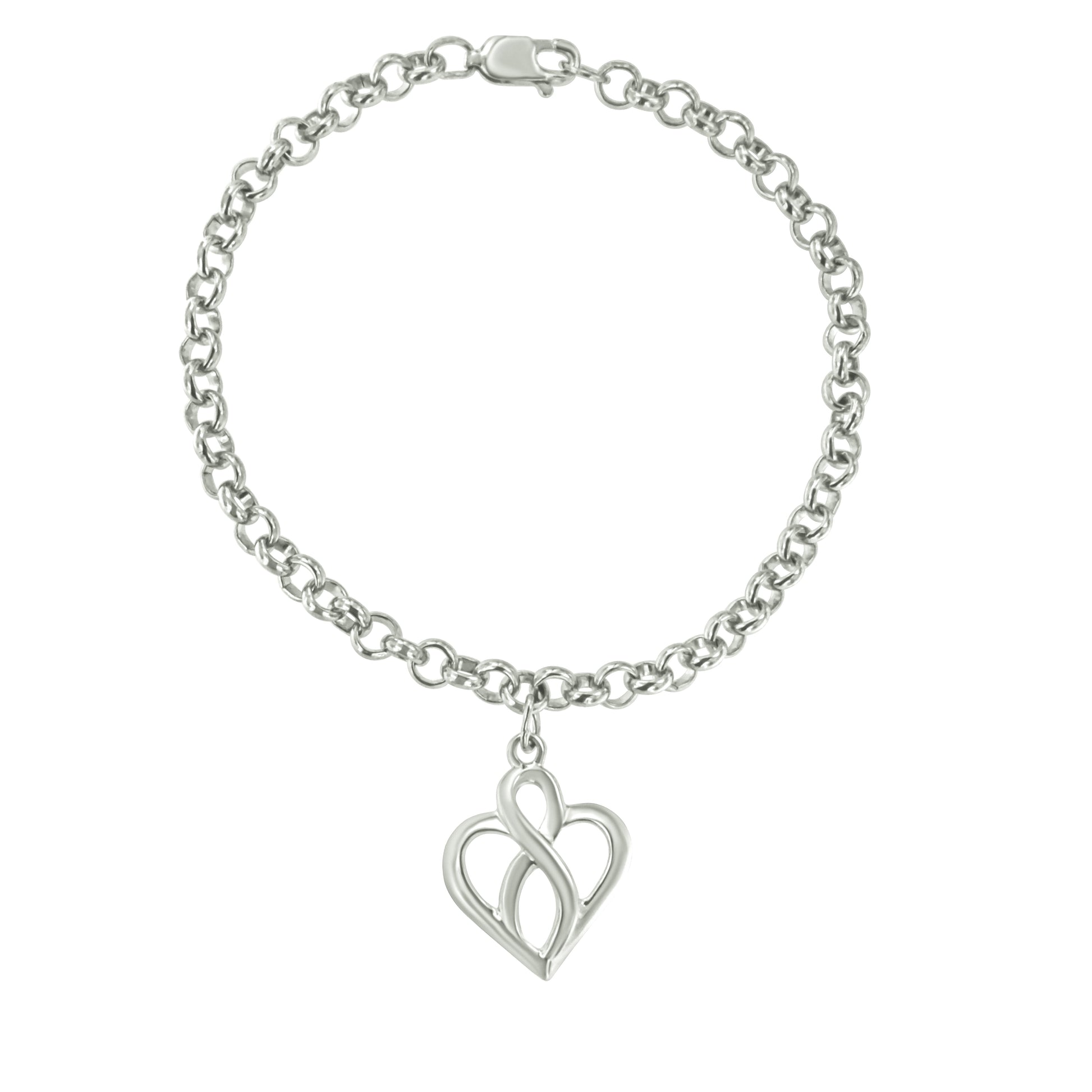 .925 Sterling Silver Open Heart with Center Vertical Infinity Chain Charm Bracelet - Size 7" Bids.com
