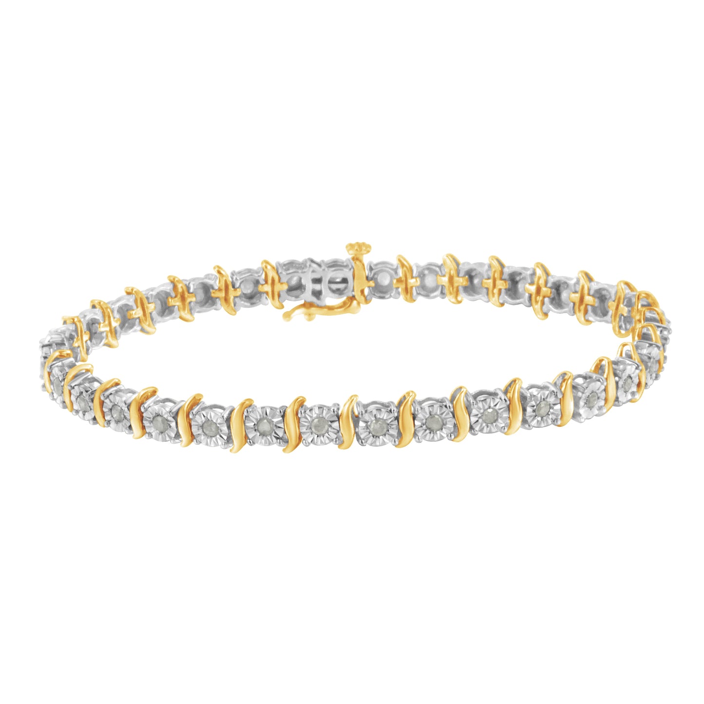 Two-Tone 10K Yellow Gold over .925 Sterling Silver 1.0 Cttw Diamond S-Curve Link Miracle-Set Tennis Bracelet (I-J Color, I3 Clarity) - 7" Bids.com