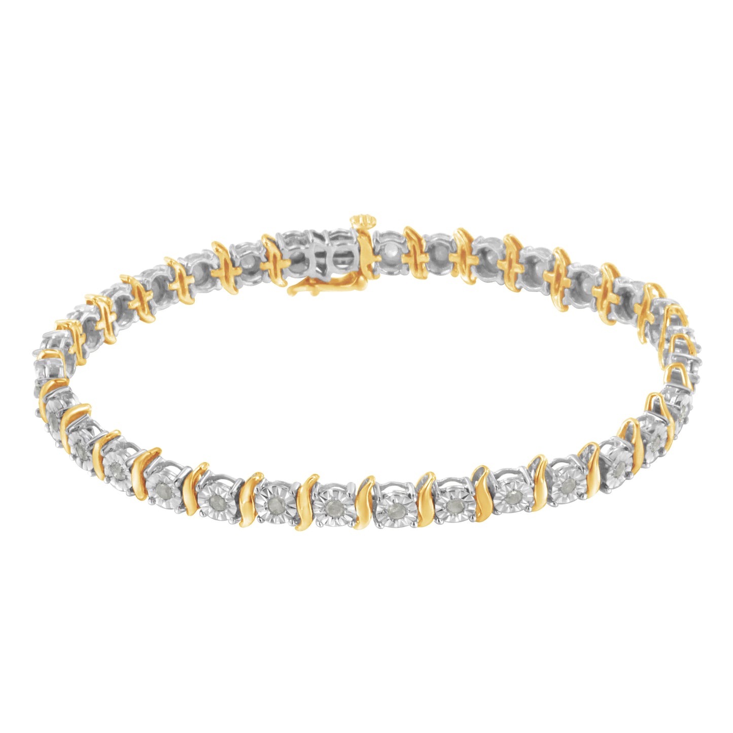 Two-Tone 10K Yellow Gold over .925 Sterling Silver 1.0 Cttw Diamond S-Curve Link Miracle-Set Tennis Bracelet (I-J Color, I3 Clarity) - 7" Bids.com