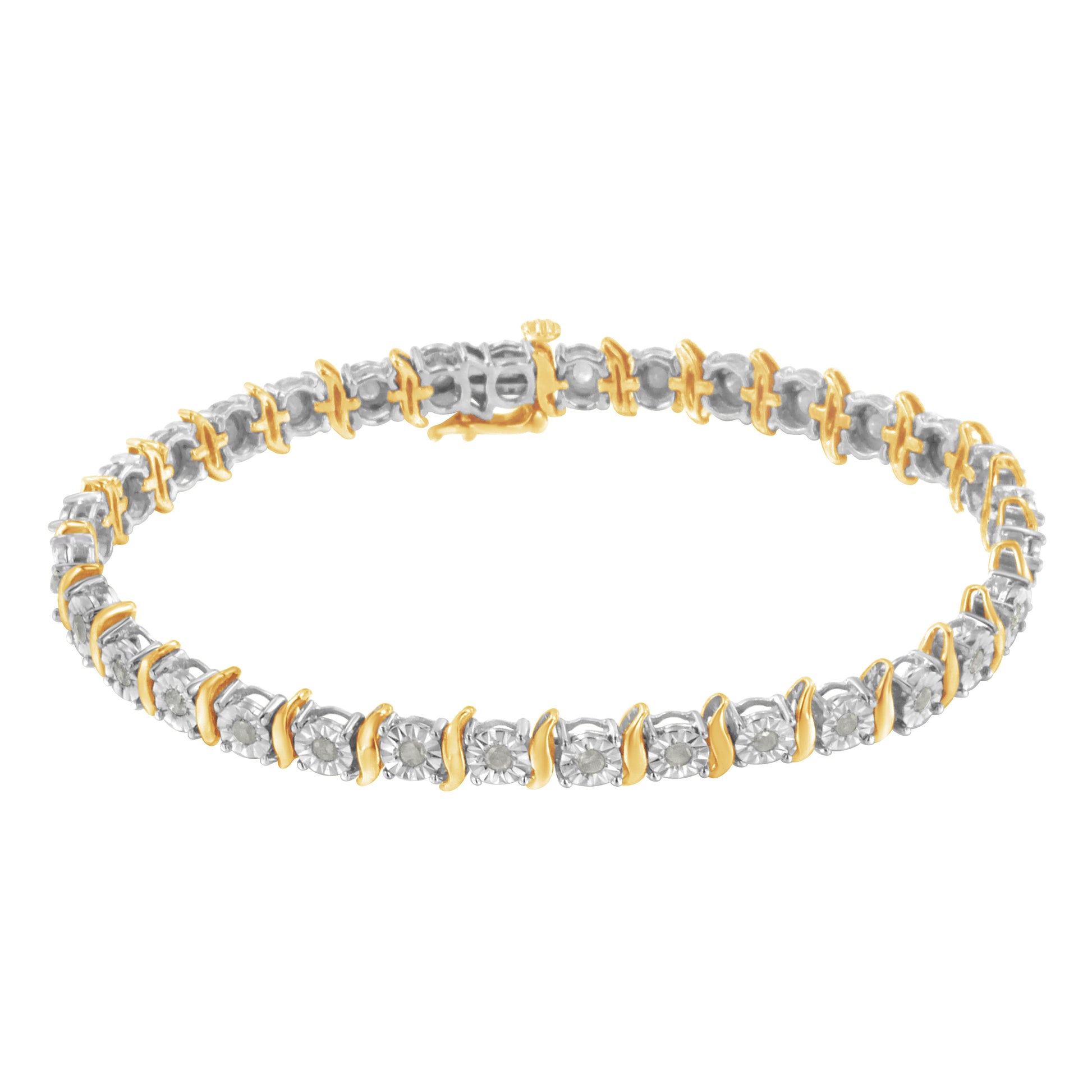 Two-Tone 10K Yellow Gold over .925 Sterling Silver 1.0 Cttw Diamond S-Curve Link Miracle-Set Tennis Bracelet (I-J Color, I3 Clarity) - 7" Bids.com