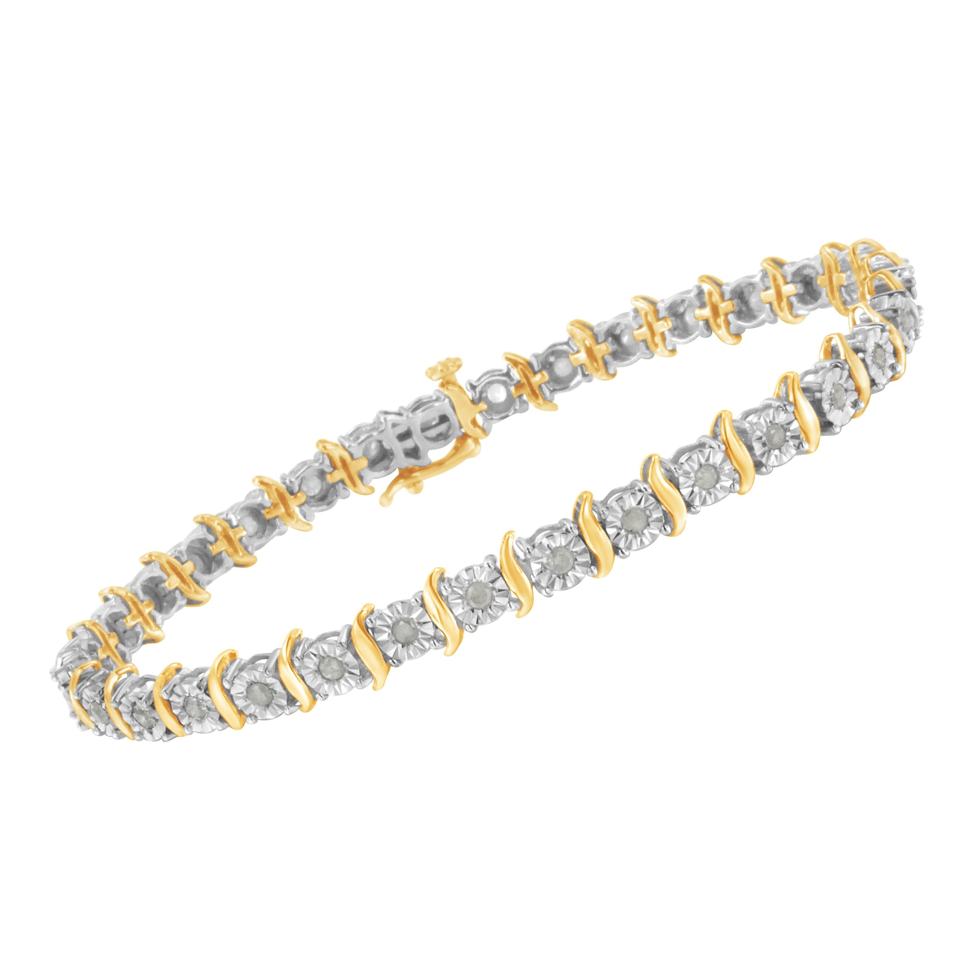 Two-Tone 10K Yellow Gold over .925 Sterling Silver 1.0 Cttw Diamond S-Curve Link Miracle-Set Tennis Bracelet (I-J Color, I3 Clarity) - 7" Bids.com