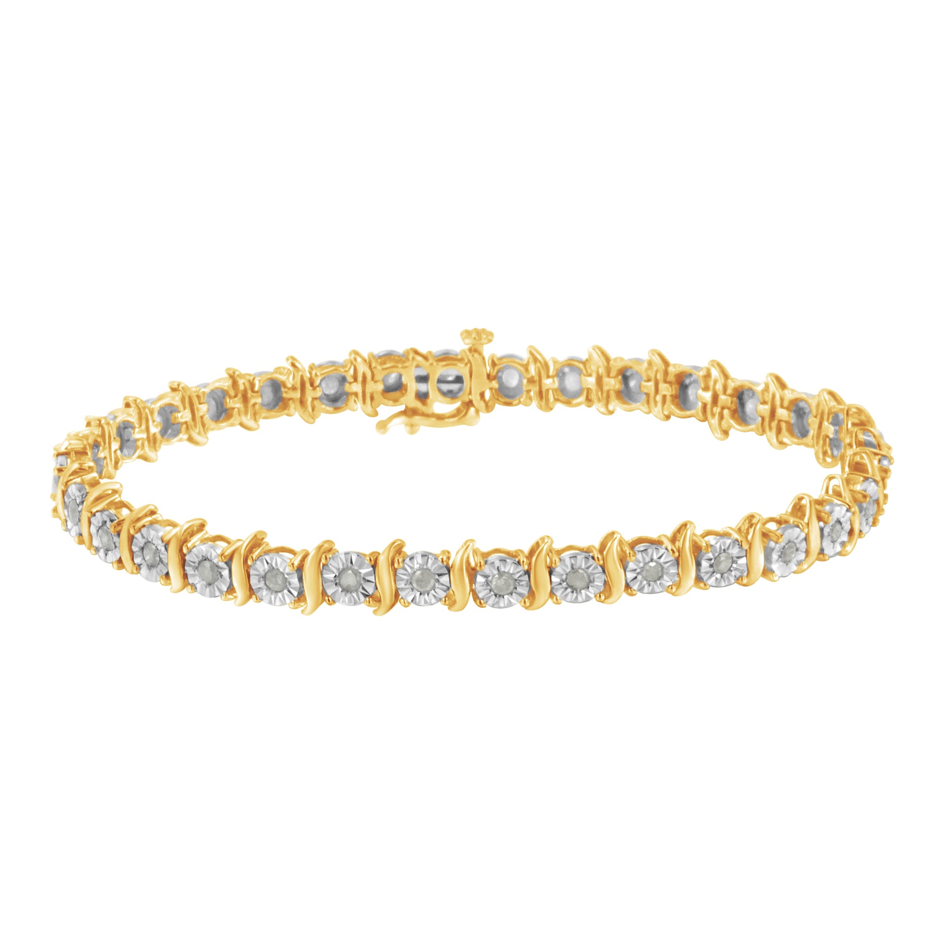 Two-Tone 10K Yellow Gold over .925 Sterling Silver 1.0 Cttw Diamond S-Curve Link Miracle-Set Tennis Bracelet (I-J Color, I3 Clarity) - 7" Bids.com