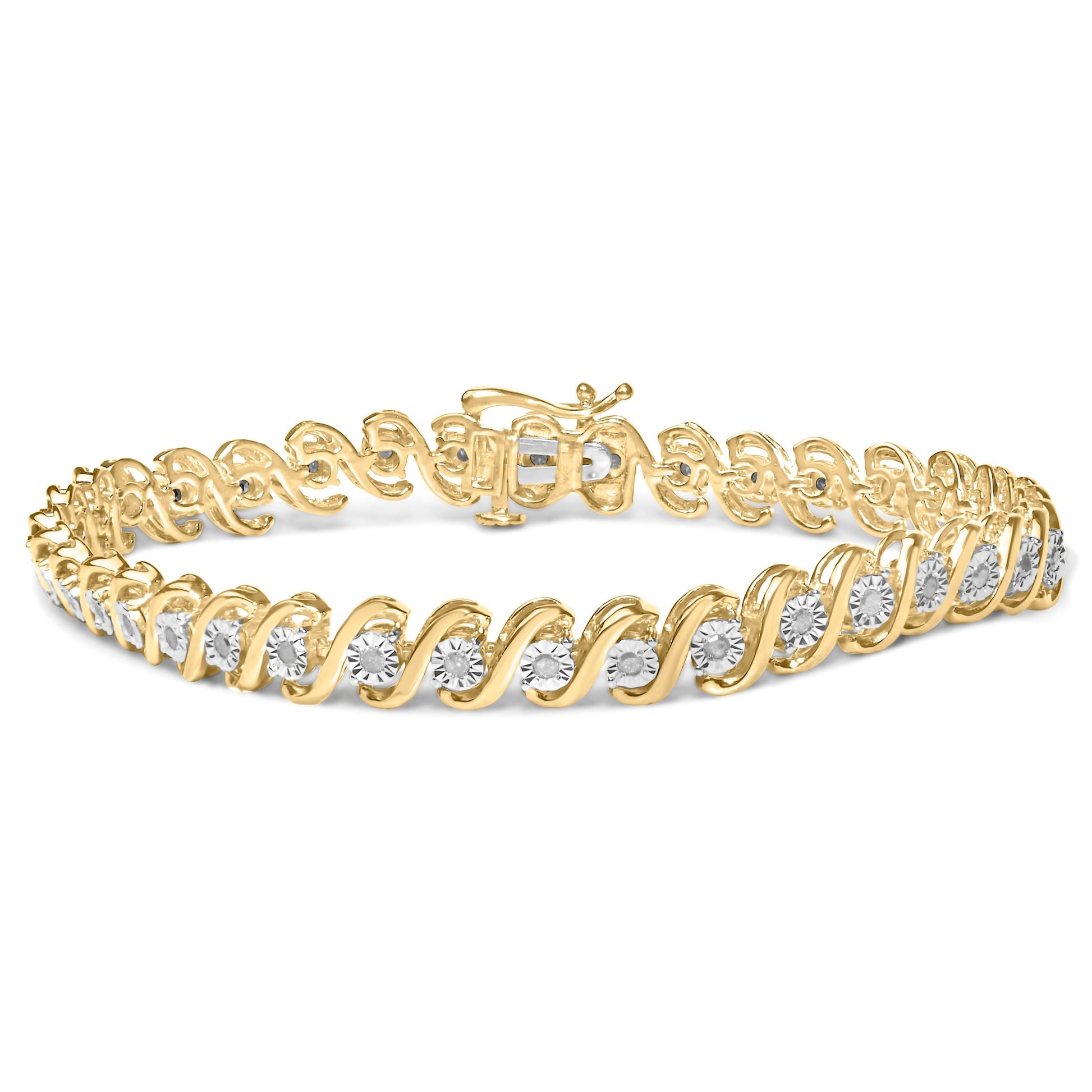 14K Yellow Gold Plated .925 Sterling Silver 1/2 Cttw Round Miracle-Set Diamond S-Curve Tennis Bracelet (I-J Color, I3 Clarity) - 7" Bids.com