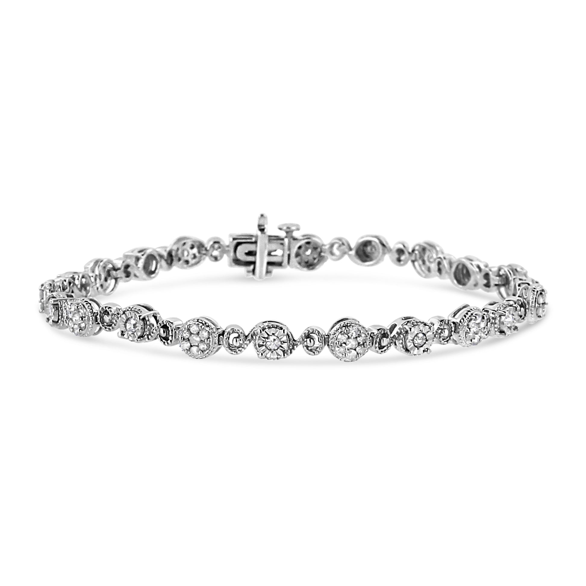 .925 Sterling Silver 1.0 Cttw Diamond Swirl Beaded Link Bracelet (I-J Color, I3-Promo Clarity) - 7.25" Inches Bids.com