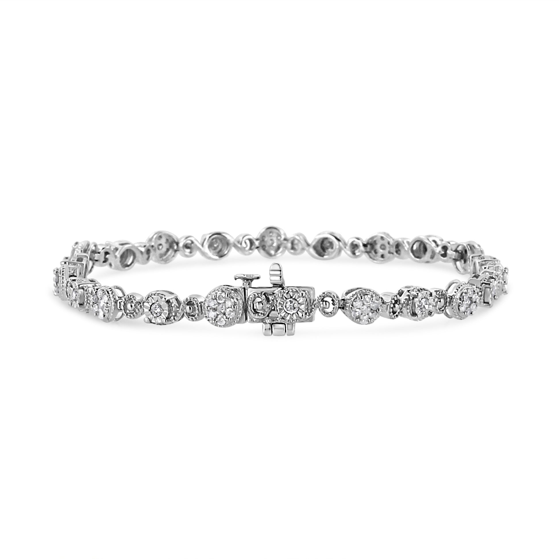 .925 Sterling Silver 1.0 Cttw Diamond Swirl Beaded Link Bracelet (I-J Color, I3-Promo Clarity) - 7.25" Inches Bids.com