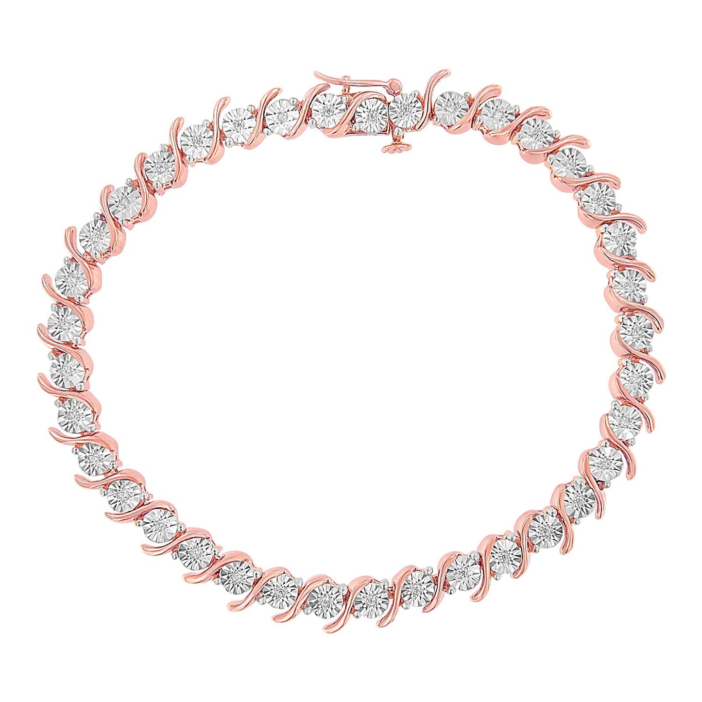 14K Rose Gold Plated .925 Sterling Silver 1/10 Cttw Diamond Round Miracle Plate and "S" Link Tennis Bracelet (I-J Color, I2- I3 Clarity) - 7" Bids.com