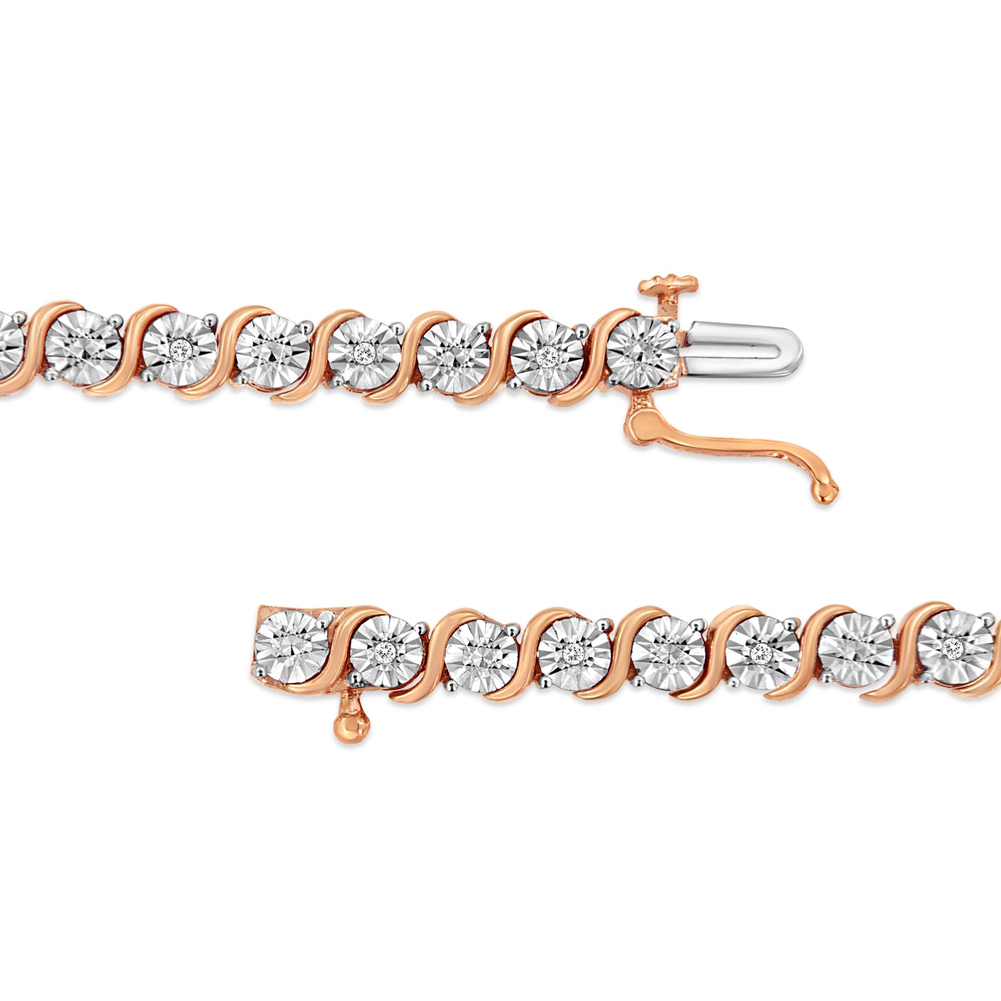 14K Rose Gold Plated .925 Sterling Silver 1/10 Cttw Diamond Round Miracle Plate and "S" Link Tennis Bracelet (I-J Color, I2- I3 Clarity) - 7" Bids.com