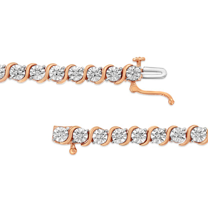 14K Rose Gold Plated .925 Sterling Silver 1/10 Cttw Diamond Round Miracle Plate and "S" Link Tennis Bracelet (I-J Color, I2- I3 Clarity) - 7" Bids.com