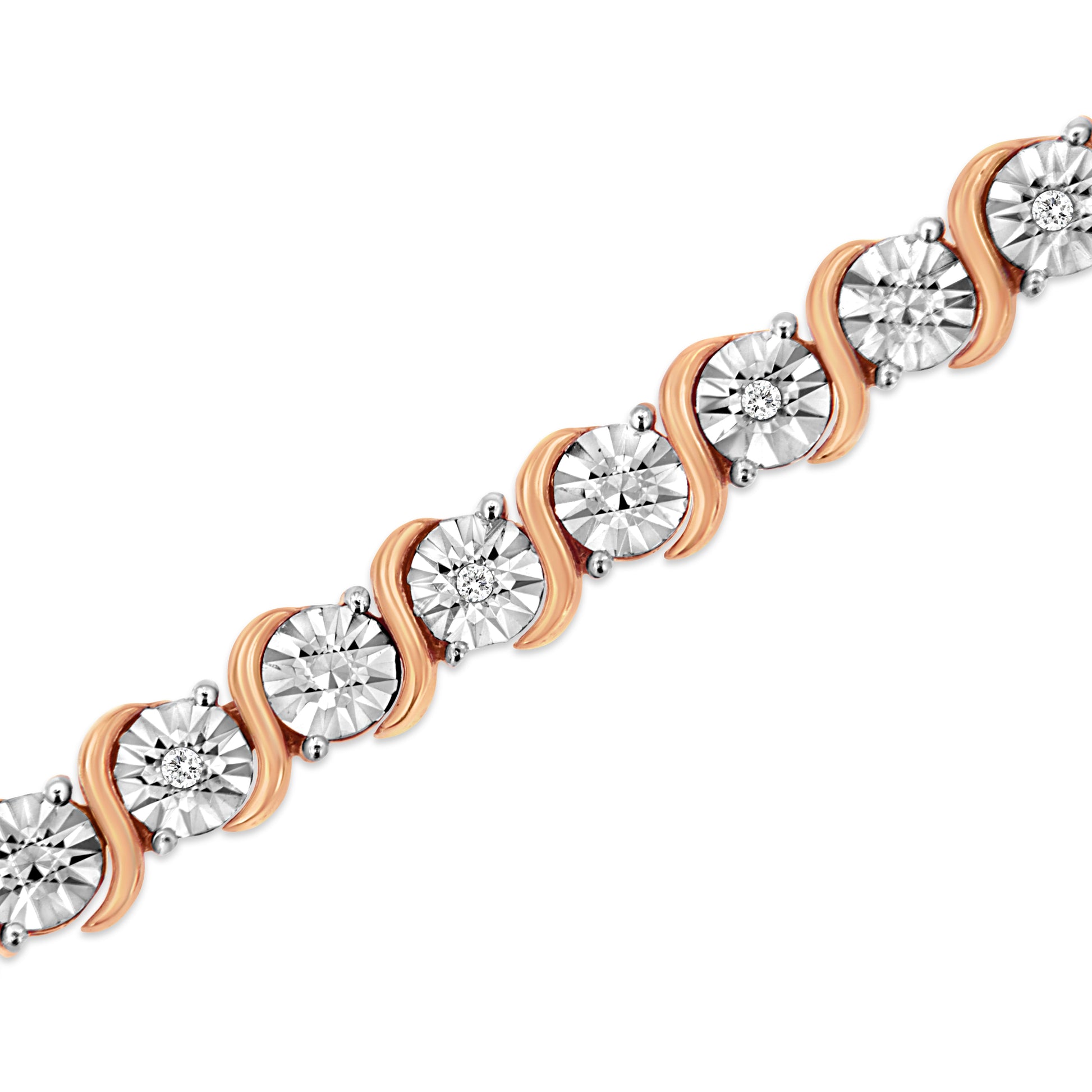 14K Rose Gold Plated .925 Sterling Silver 1/10 Cttw Diamond Round Miracle Plate and "S" Link Tennis Bracelet (I-J Color, I2- I3 Clarity) - 7" Bids.com
