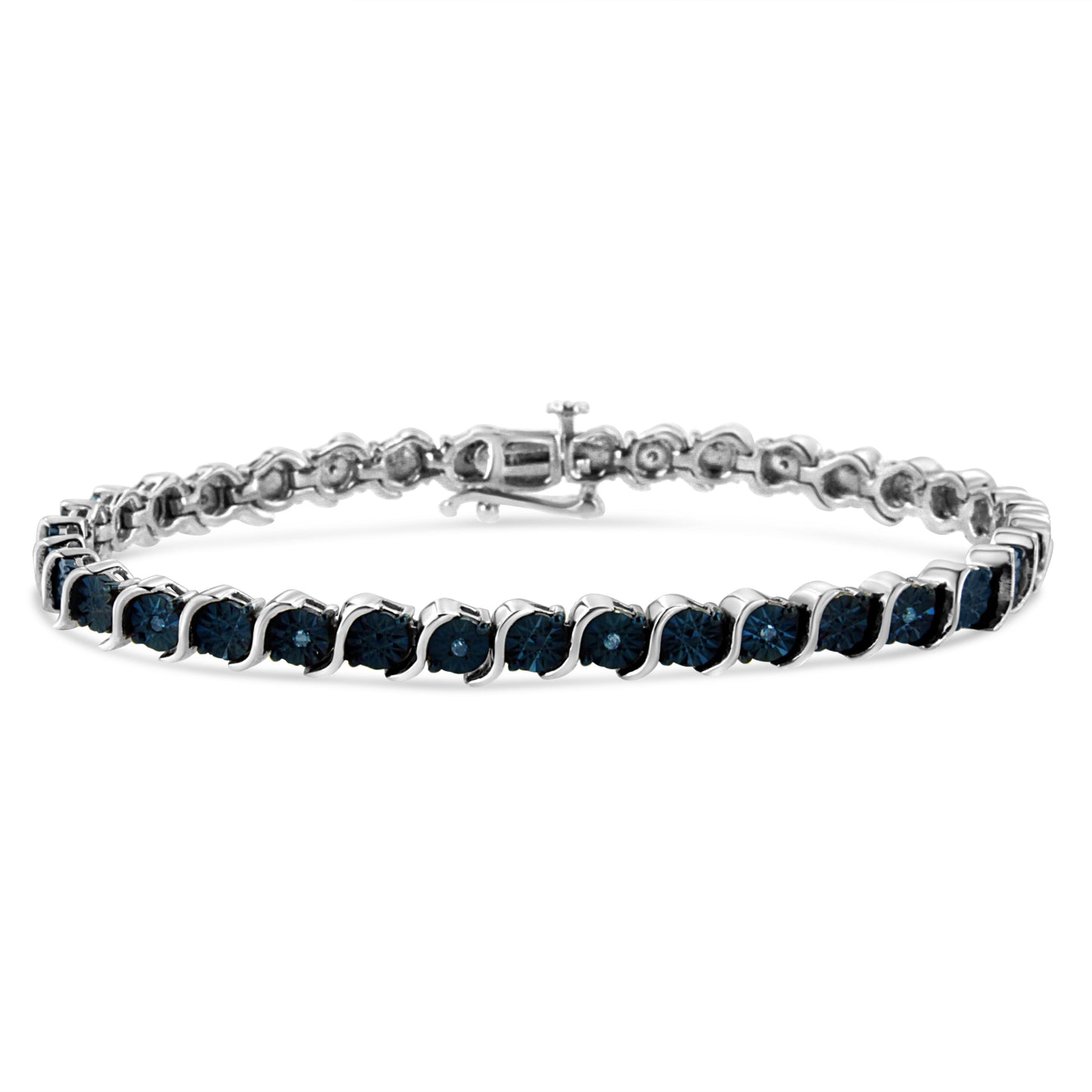 .925 Sterling Silver 1/10 Cttw Miracle-Set Treated Blue Color Diamond Miracle Plate "S" Link Tennis Bracelet (Blue Color, I2- I3 Clarity) - 7.25" Bids.com