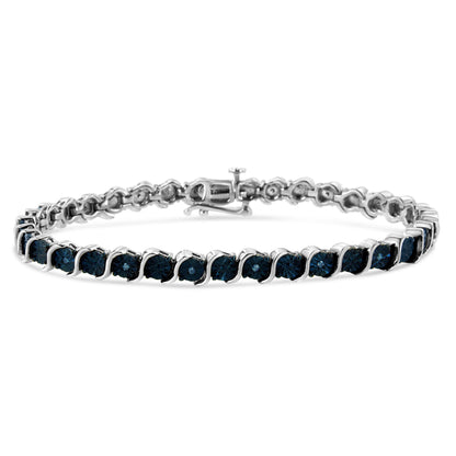 .925 Sterling Silver 1/10 Cttw Miracle-Set Treated Blue Color Diamond Miracle Plate "S" Link Tennis Bracelet (Blue Color, I2- I3 Clarity) - 7.25" Bids.com