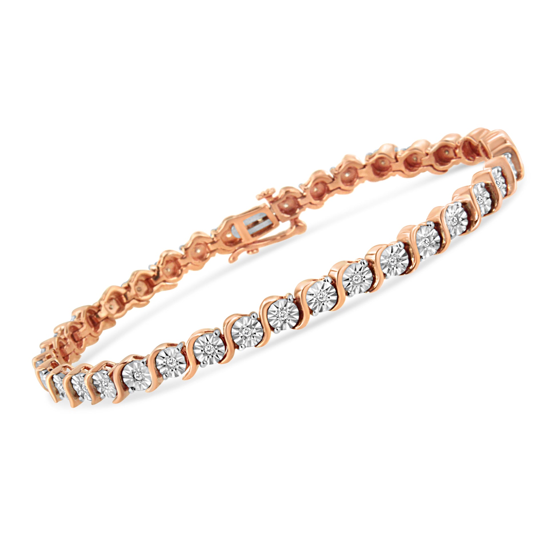 14K Rose Gold Plated .925 Sterling Silver 1/4 Cttw Diamond Round Miracle Plate and "S" Link Tennis Bracelet (I-J Color, I2- I3 Clarity) - 7" Bids.com