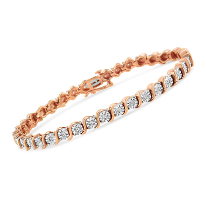14K Rose Gold Plated .925 Sterling Silver 1/4 Cttw Diamond Round Miracle Plate and "S" Link Tennis Bracelet (I-J Color, I2- I3 Clarity) - 7" Bids.com
