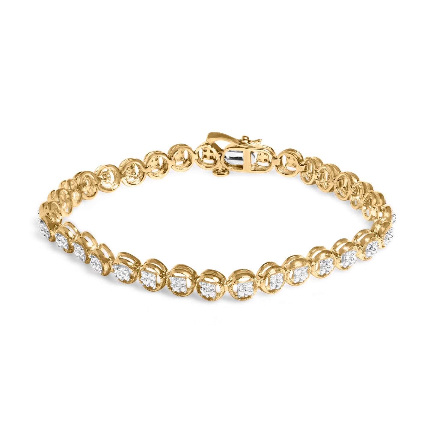 14K Yellow Gold Plated .925 Sterling Silver 1/10 Cttw Diamond Open Circle Beaded Wheel Link Tennis Bracelet (I-J Color, I3 Clarity) - 7.25" Bids.com