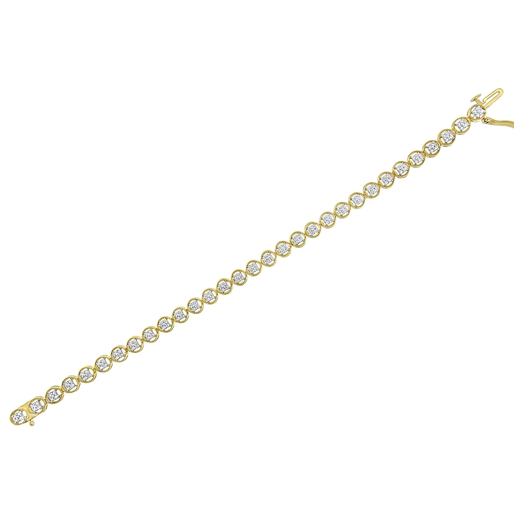 14K Yellow Gold Plated .925 Sterling Silver 1/10 Cttw Diamond Open Circle Beaded Wheel Link Tennis Bracelet (I-J Color, I3 Clarity) - 7.25" Bids.com