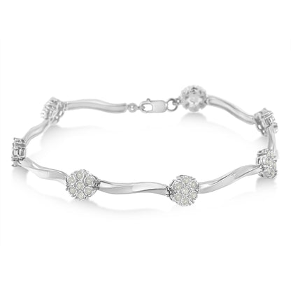 .925 Sterling Silver 1/4 Cttw Diamond Cluster Miracle-Set Station & Twisted Bar 7" Tennis Bracelet (H-I Color, I2-I3 Clarity) Bids.com