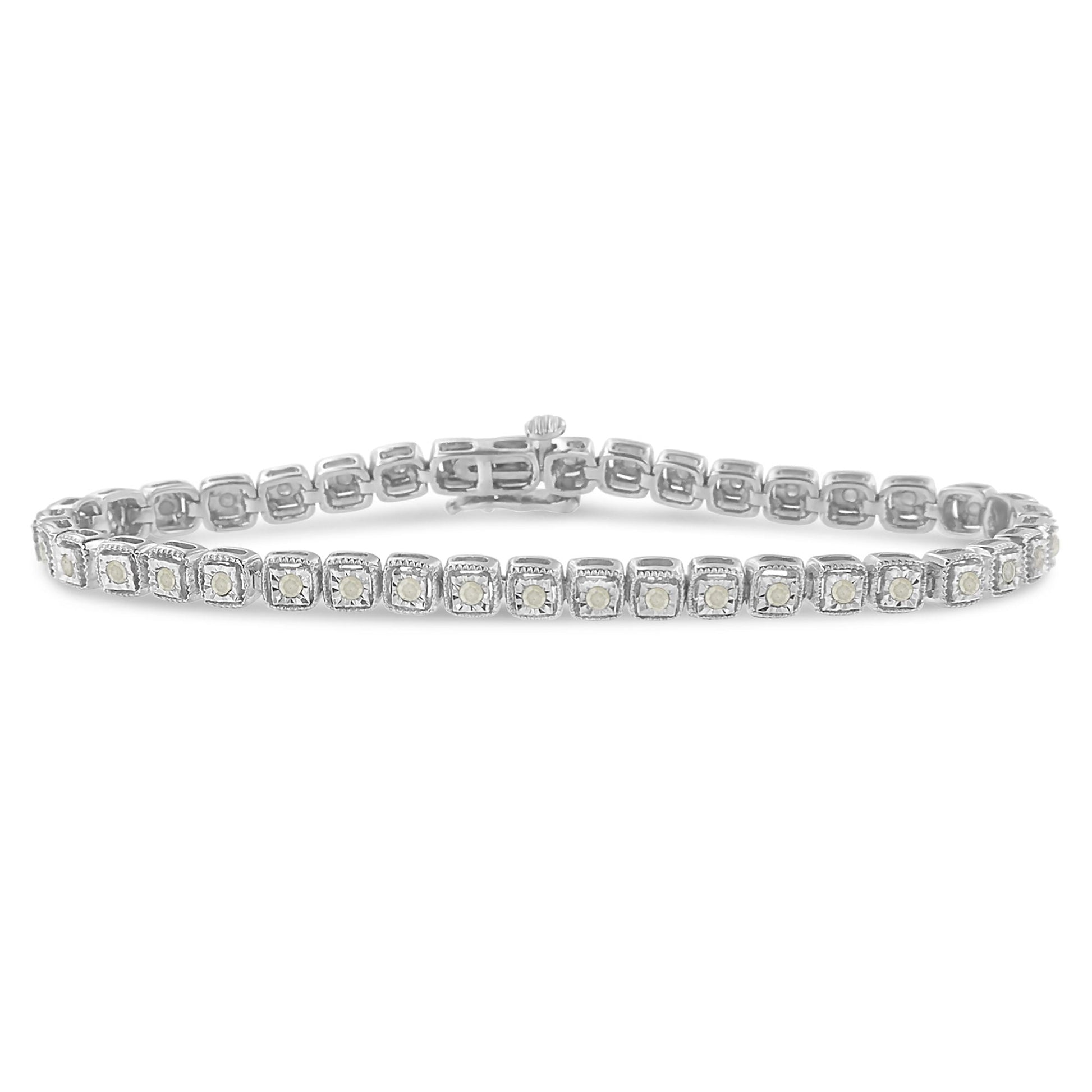 .925 Sterling Silver 1.0 Cttw Diamond Miracle-Set Square Milgrain 7" Link Tennis Bracelet (I-J Color, I3 Clarity) Bids.com