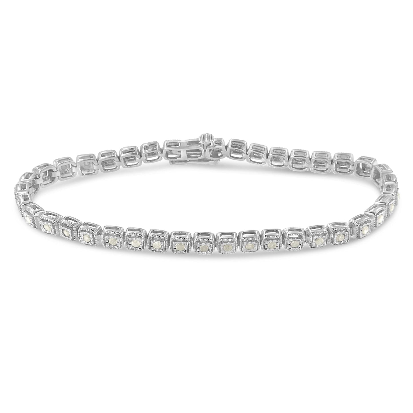 .925 Sterling Silver 1.0 Cttw Diamond Miracle-Set Square Milgrain 7" Link Tennis Bracelet (I-J Color, I3 Clarity) Bids.com