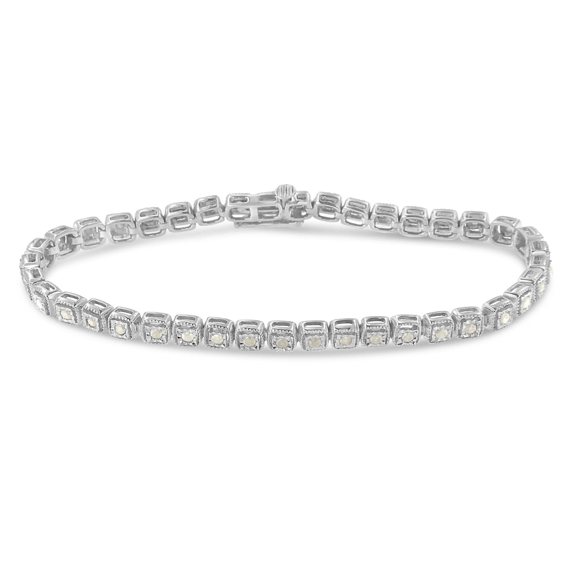 .925 Sterling Silver 1.0 Cttw Diamond Miracle-Set Square Milgrain 7" Link Tennis Bracelet (I-J Color, I3 Clarity) Bids.com