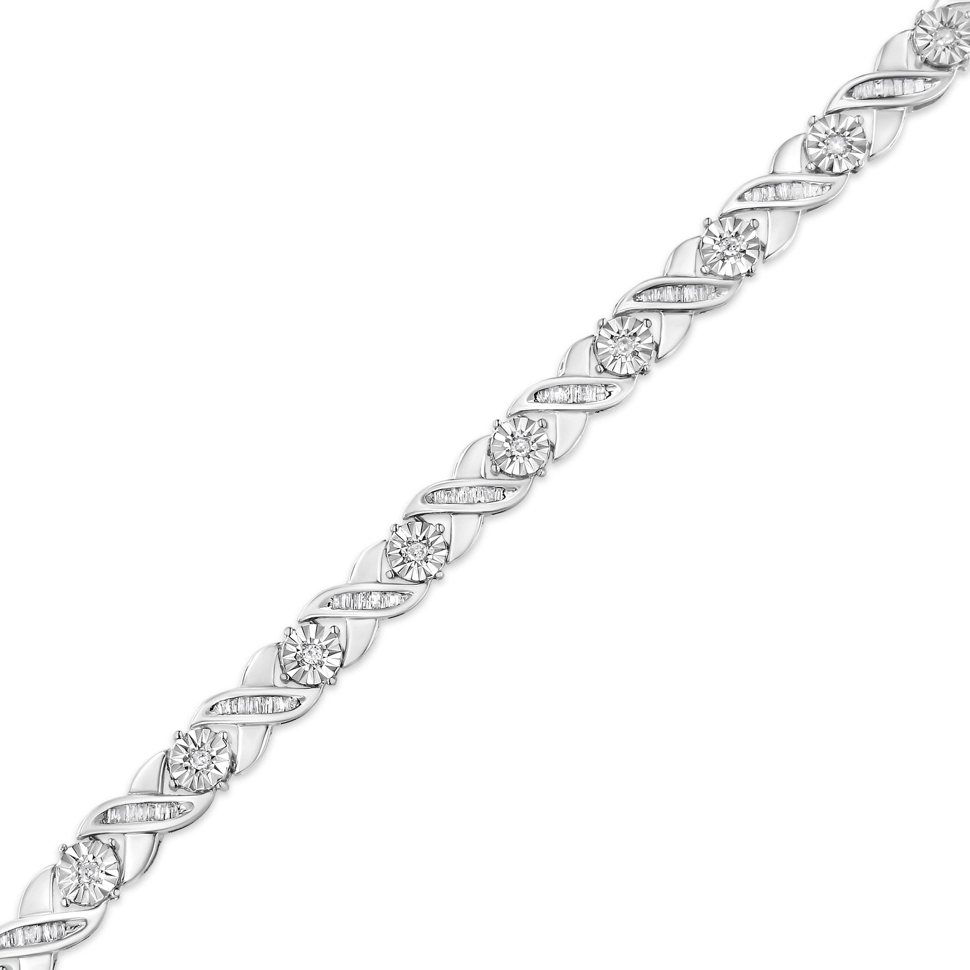 .925 Sterling Silver 1.0 Cttw Round-Brilliant and Baguette Cut Diamond Miracle-Set X-Link 7" Tennis Bracelet (I-J Color, I2-I3 Clarity) Bids.com