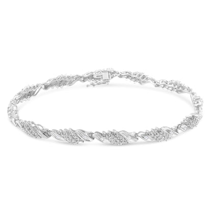 .925 Sterling Silver 1-1/2 Cttw Round and Baguette Cut Diamond Wave Link Bracelet (I-J Color, I2-I3 Clarity) - 7" Bids.com