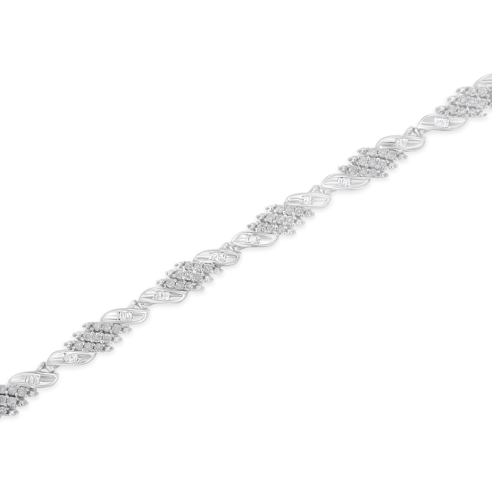 .925 Sterling Silver 1-1/2 Cttw Round and Baguette Cut Diamond Wave Link Bracelet (I-J Color, I2-I3 Clarity) - 7" Bids.com