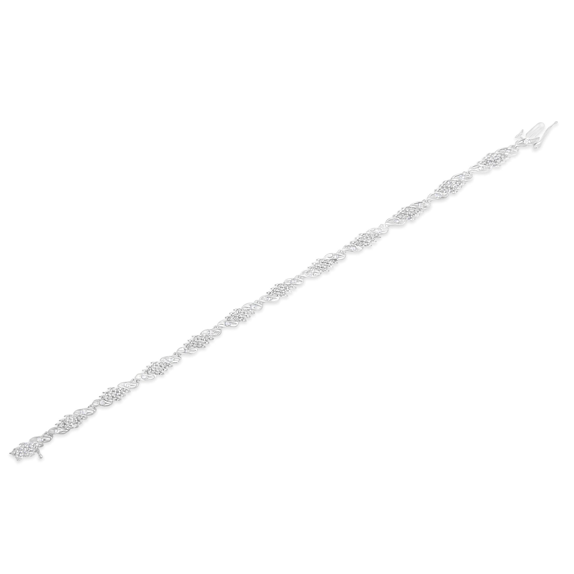 .925 Sterling Silver 1-1/2 Cttw Round and Baguette Cut Diamond Wave Link Bracelet (I-J Color, I2-I3 Clarity) - 7" Bids.com