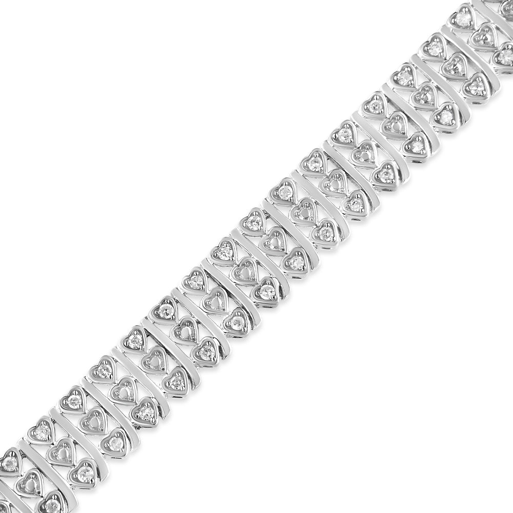 .925 Sterling Silver 1.00 Cttw Diamond Multi Row Heart Link Bracelet (H-I Color, I1-I2 Clarity) - 7.25" Inches Bids.com