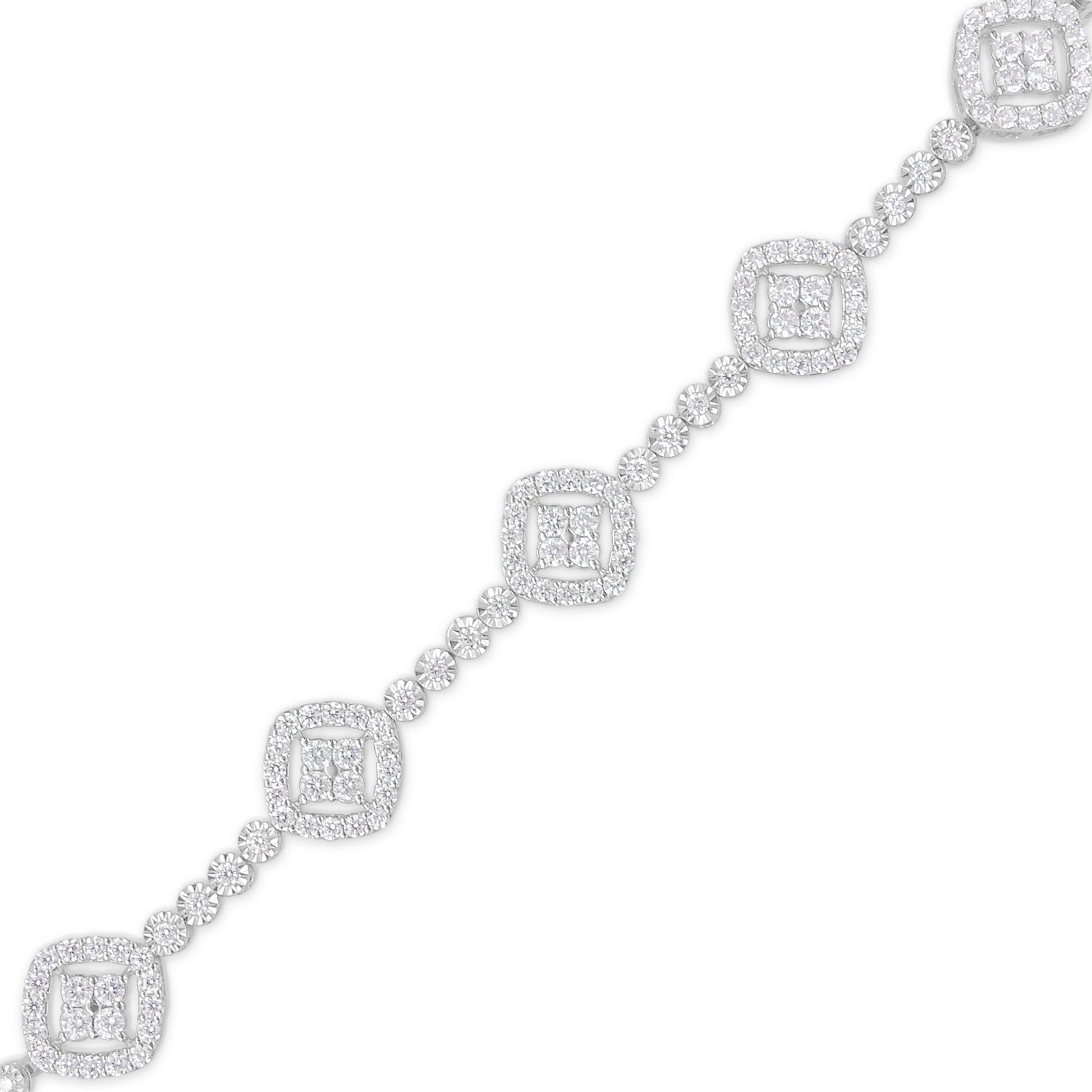 .925 Sterling Silver 3.0 Cttw Diamond Halo Square Shape Link Bracelet (I-J Color, I3 Clarity) - 7.25" Bids.com