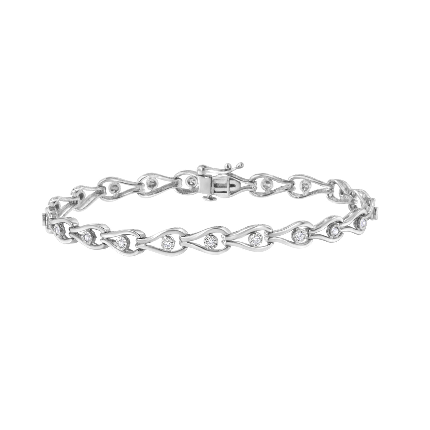 .925 Sterling Silver 1/10 Cttw Miracle-Set Diamond Pear Shape and Bezel Link Bracelet (I-J Color, I3 Clarity) - 7.25" Bids.com