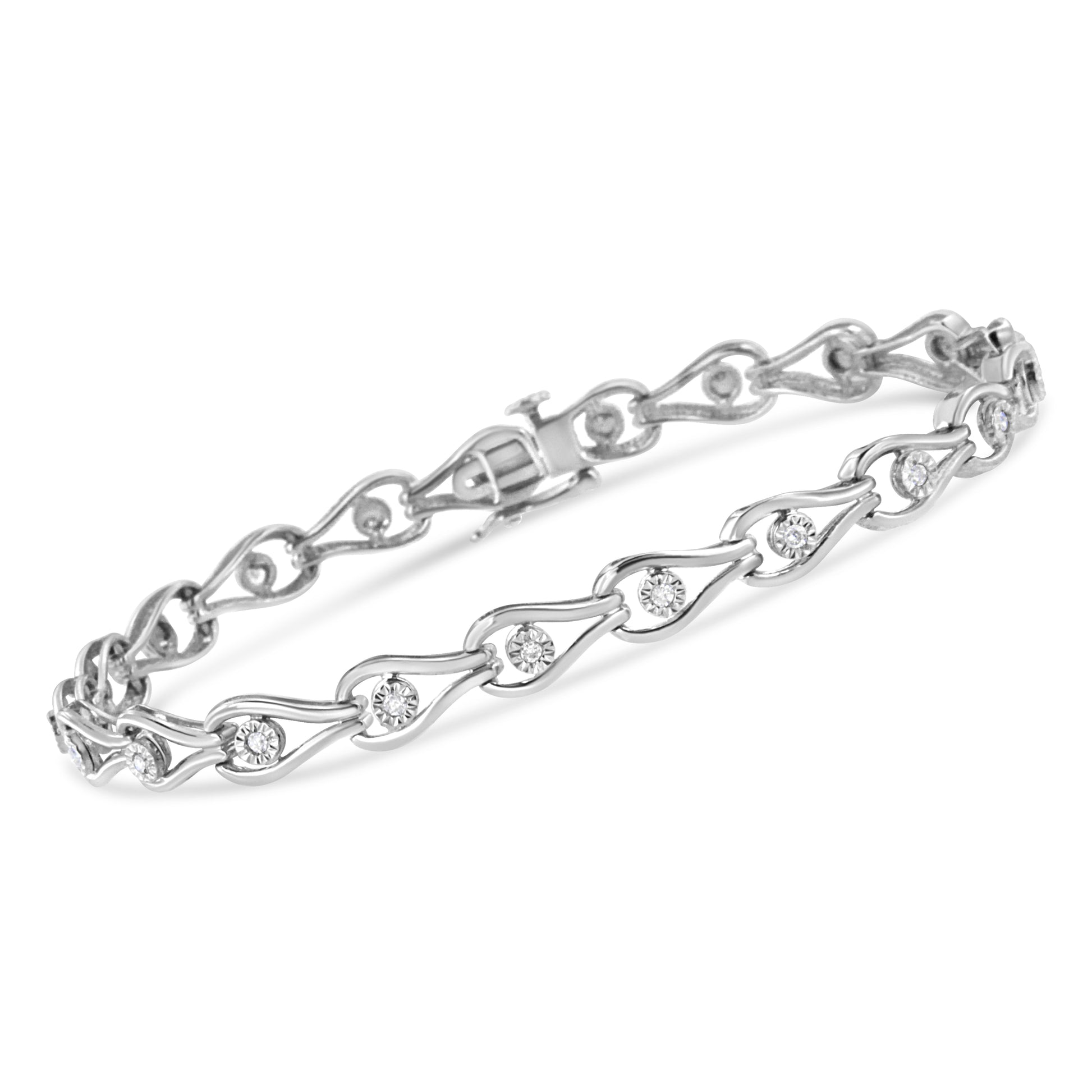 .925 Sterling Silver 1/10 Cttw Miracle-Set Diamond Pear Shape and Bezel Link Bracelet (I-J Color, I3 Clarity) - 7.25" Bids.com