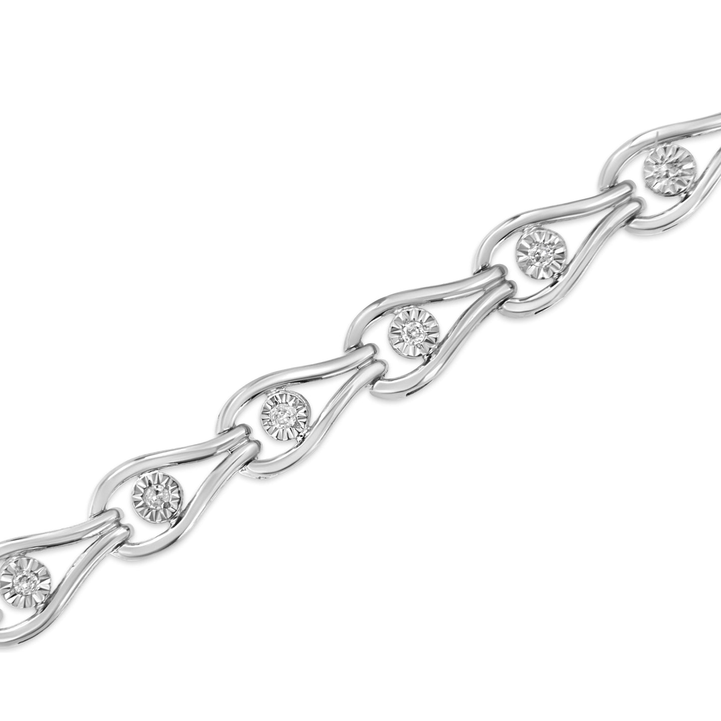 .925 Sterling Silver 1/10 Cttw Miracle-Set Diamond Pear Shape and Bezel Link Bracelet (I-J Color, I3 Clarity) - 7.25" Bids.com