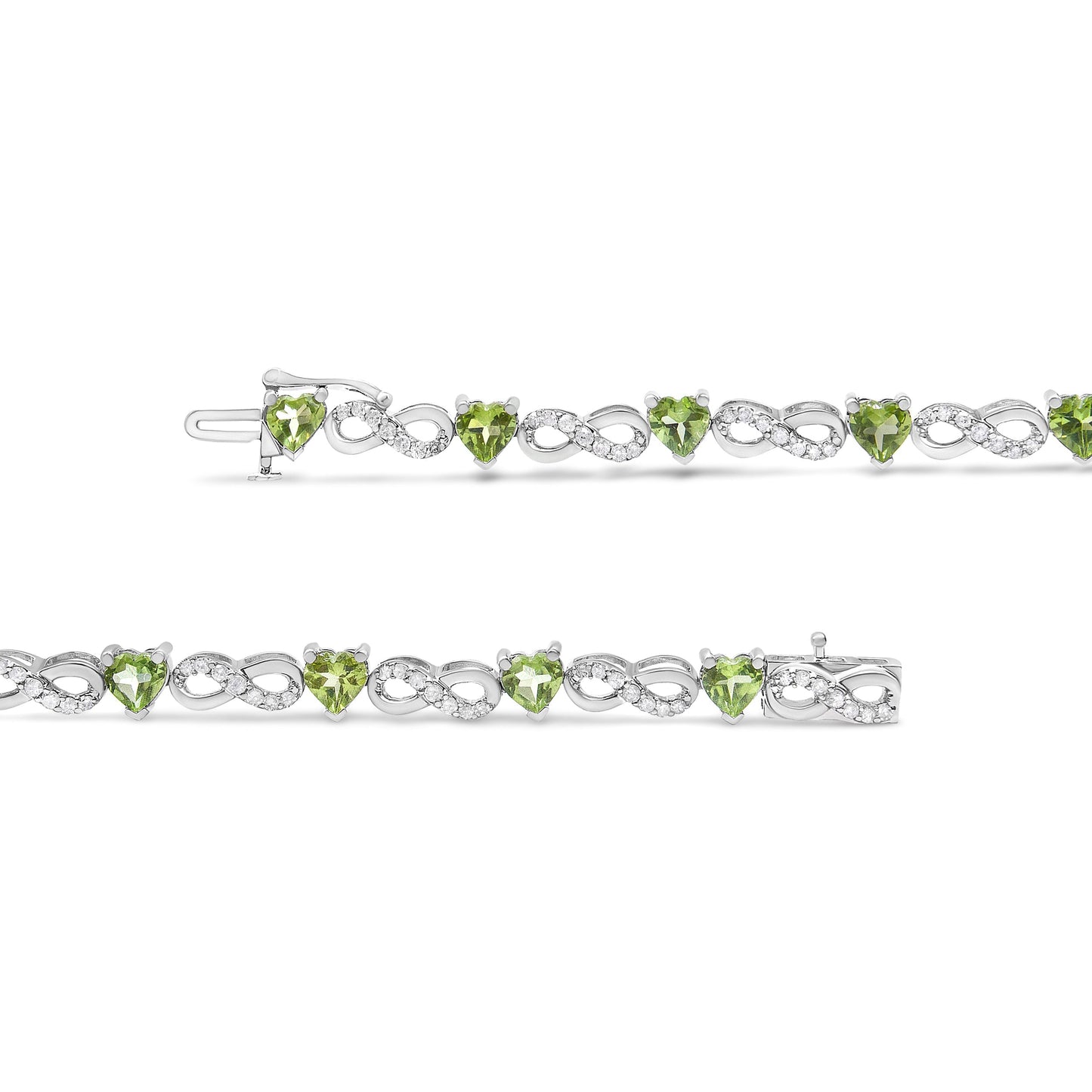 .925 Sterling Silver 1.00 Cttw Diamond and 4.00mm Lab Created Green Heart-Shaped Peridot Infinity Link Bracelet (I-J Color, I2-I3 Clarity) - 7.25" Bids.com