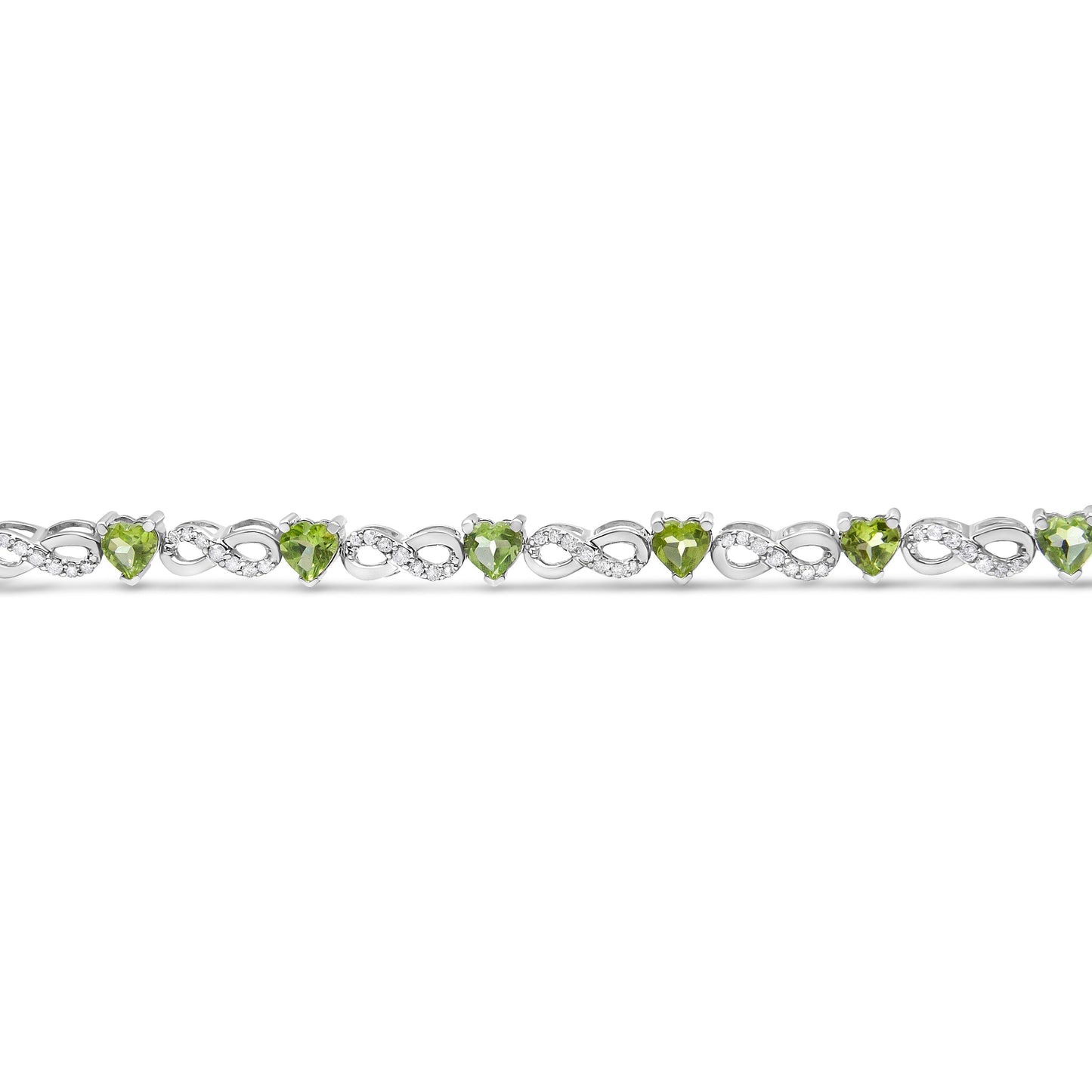 .925 Sterling Silver 1.00 Cttw Diamond and 4.00mm Lab Created Green Heart-Shaped Peridot Infinity Link Bracelet (I-J Color, I2-I3 Clarity) - 7.25" Bids.com