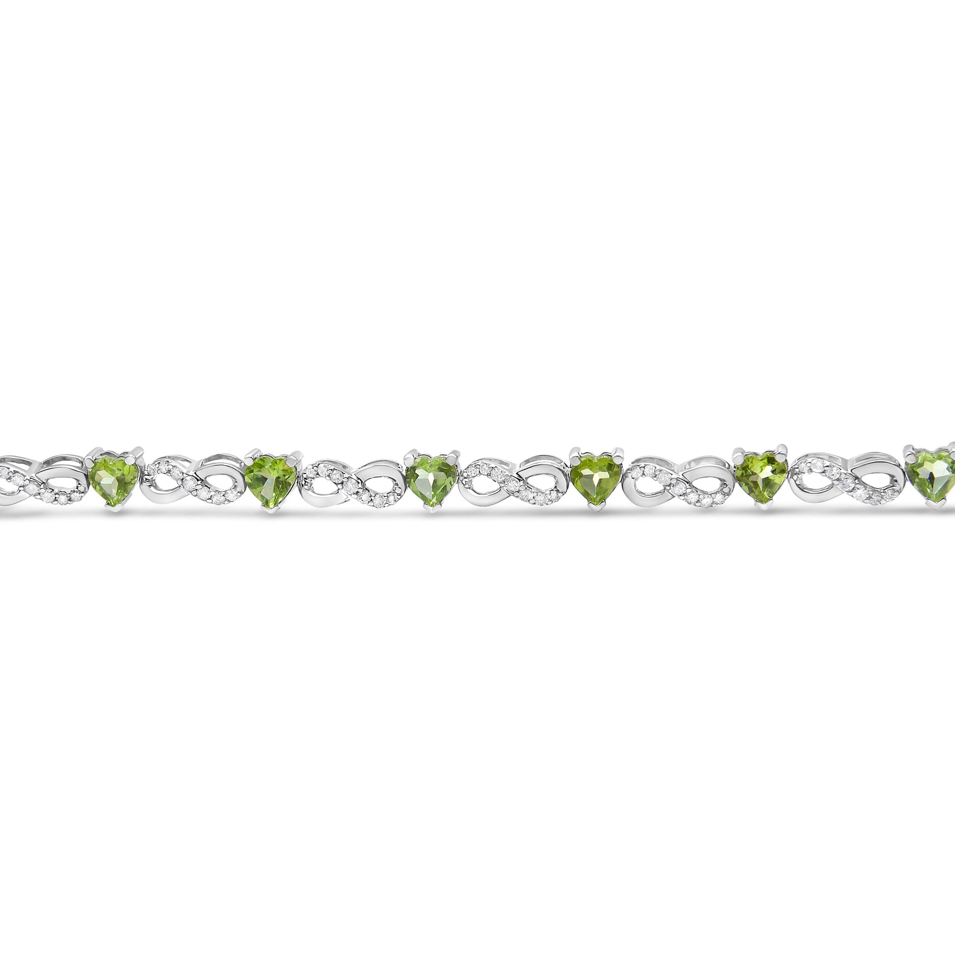 .925 Sterling Silver 1.00 Cttw Diamond and 4.00mm Lab Created Green Heart-Shaped Peridot Infinity Link Bracelet (I-J Color, I2-I3 Clarity) - 7.25" Bids.com