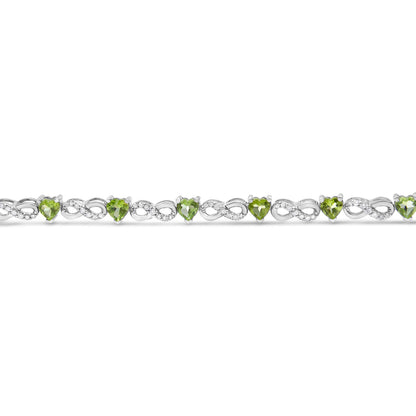 .925 Sterling Silver 1.00 Cttw Diamond and 4.00mm Lab Created Green Heart-Shaped Peridot Infinity Link Bracelet (I-J Color, I2-I3 Clarity) - 7.25" Bids.com