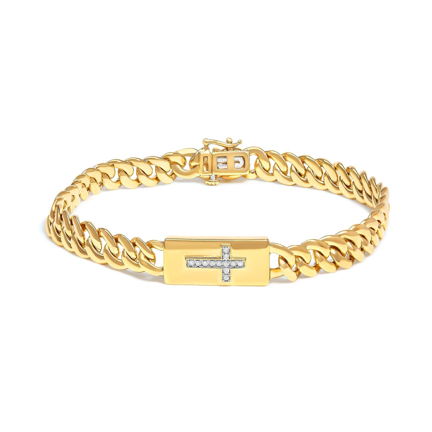 14K Yellow Gold Plated .925 Sterling Silver Diamond Accent Inlaid Cross Cuban Link Bracelet (I-J Color, I3 Clarity)-  7.25" Bids.com