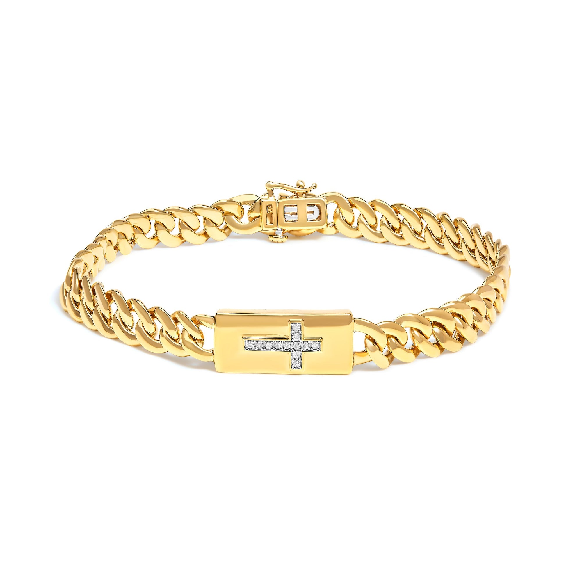 14K Yellow Gold Plated .925 Sterling Silver Diamond Accent Inlaid Cross Cuban Link Bracelet (I-J Color, I3 Clarity)-  7.25" Bids.com