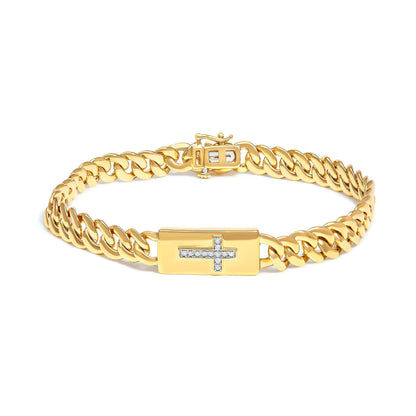14K Yellow Gold Plated .925 Sterling Silver Diamond Accent Inlaid Cross Cuban Link Bracelet (I-J Color, I3 Clarity)-  7.25" Bids.com